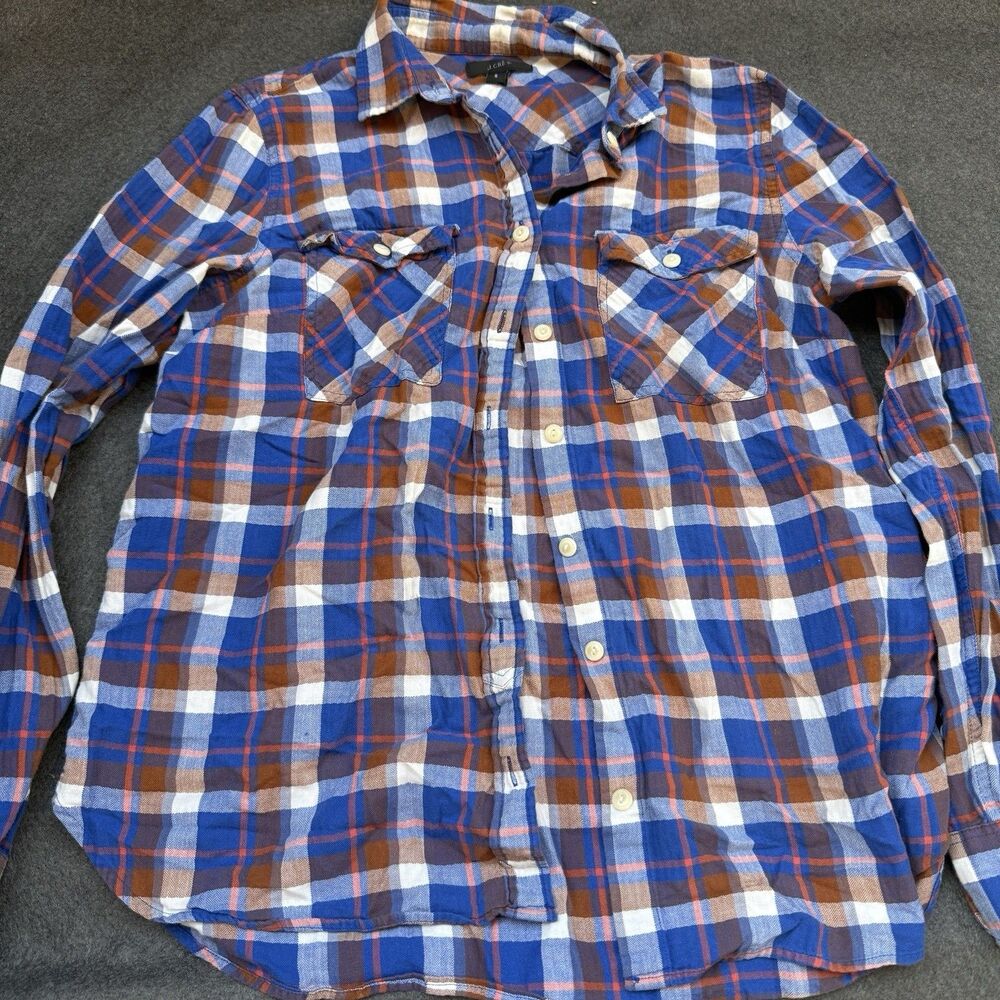 j crew womens button down shirt 8 long sleeves blue brown plaid pockets A5